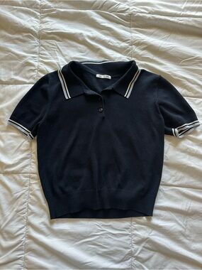 Navy Polo Knit Top with White Trim